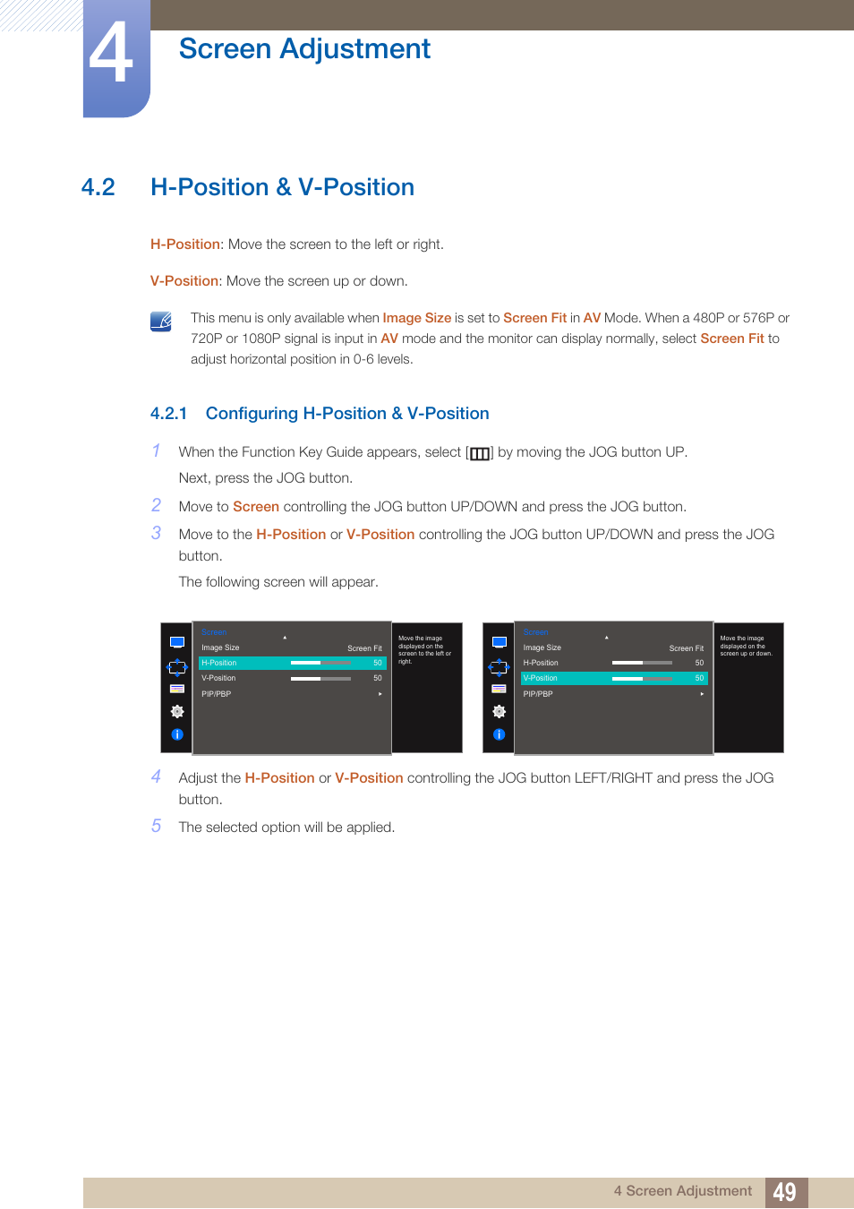 2 h-position & v-position, 1 configuring h-position & v-position, H-position & v-position | Configuring h-position & v-position, Screen adjustment | Samsung LU28D590DS-ZA User Manual | Page 49 / 101