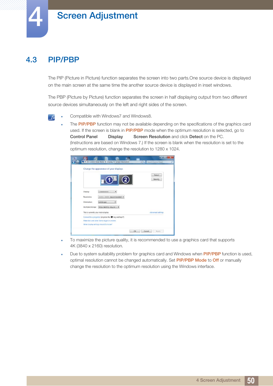 3 pip/pbp, Pip/pbp, Screen adjustment | Samsung LU28D590DS-ZA User Manual | Page 50 / 101
