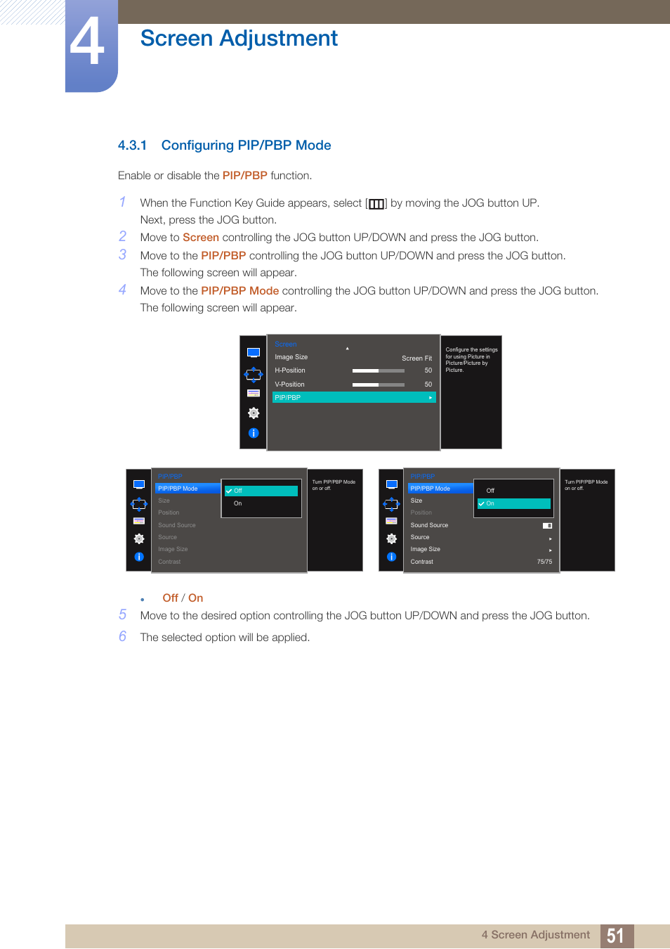 1 configuring pip/pbp mode, Configuring pip/pbp mode, Pip/pbp mode | Is set to, Screen adjustment | Samsung LU28D590DS-ZA User Manual | Page 51 / 101