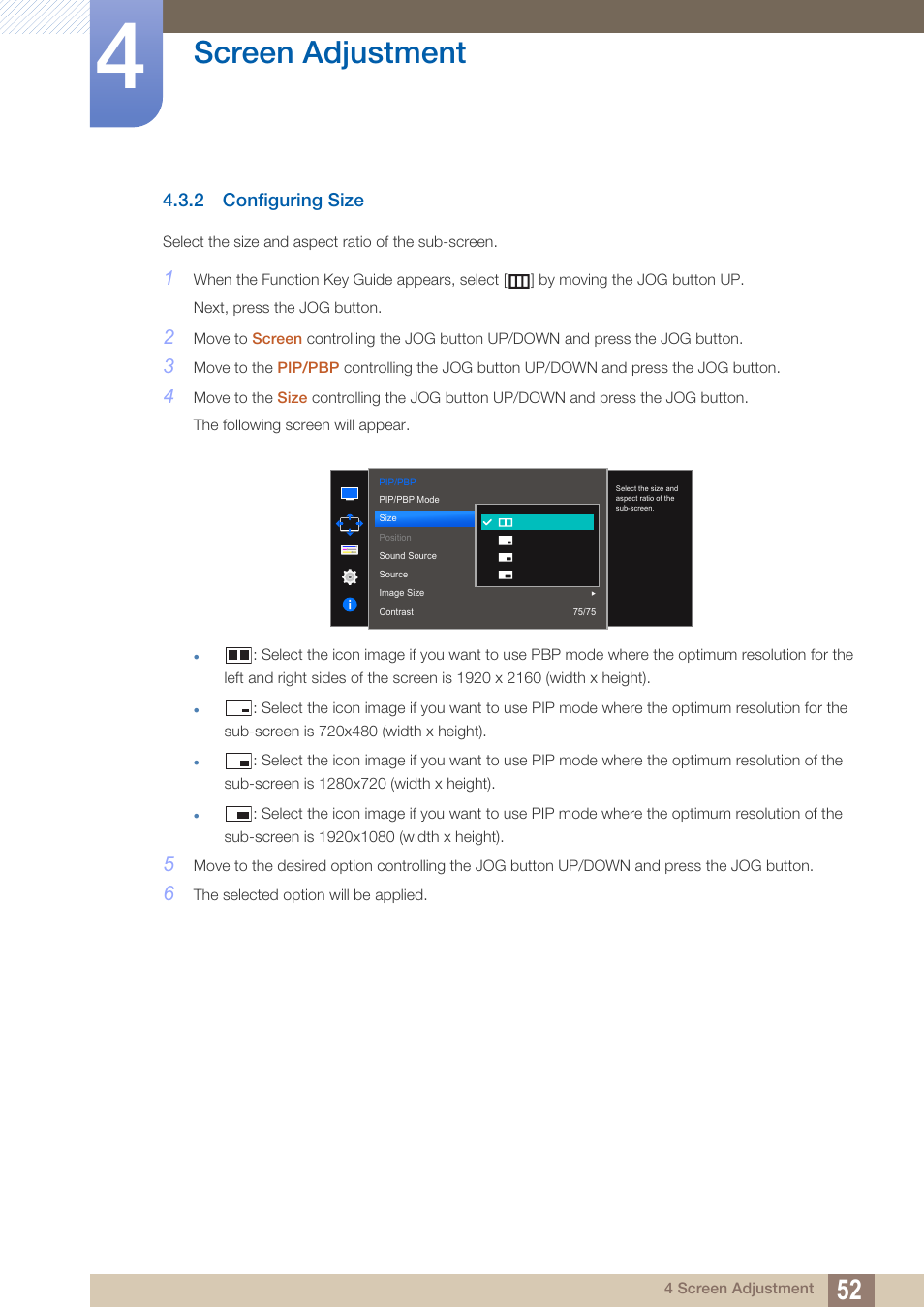 2 configuring size, Configuring size, Screen adjustment | Samsung LU28D590DS-ZA User Manual | Page 52 / 101