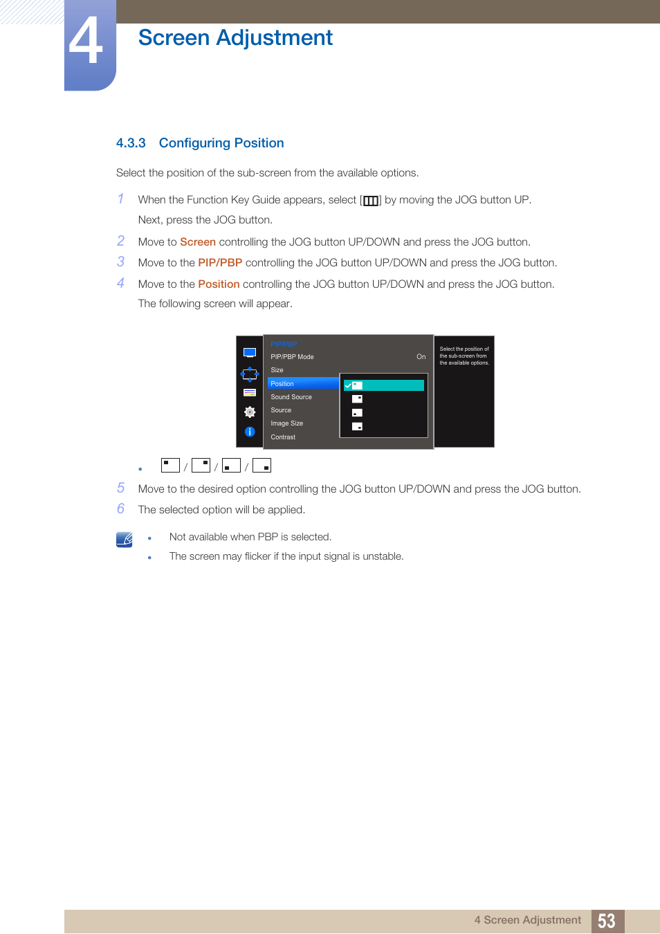 3 configuring position, Configuring position, Screen adjustment | Samsung LU28D590DS-ZA User Manual | Page 53 / 101