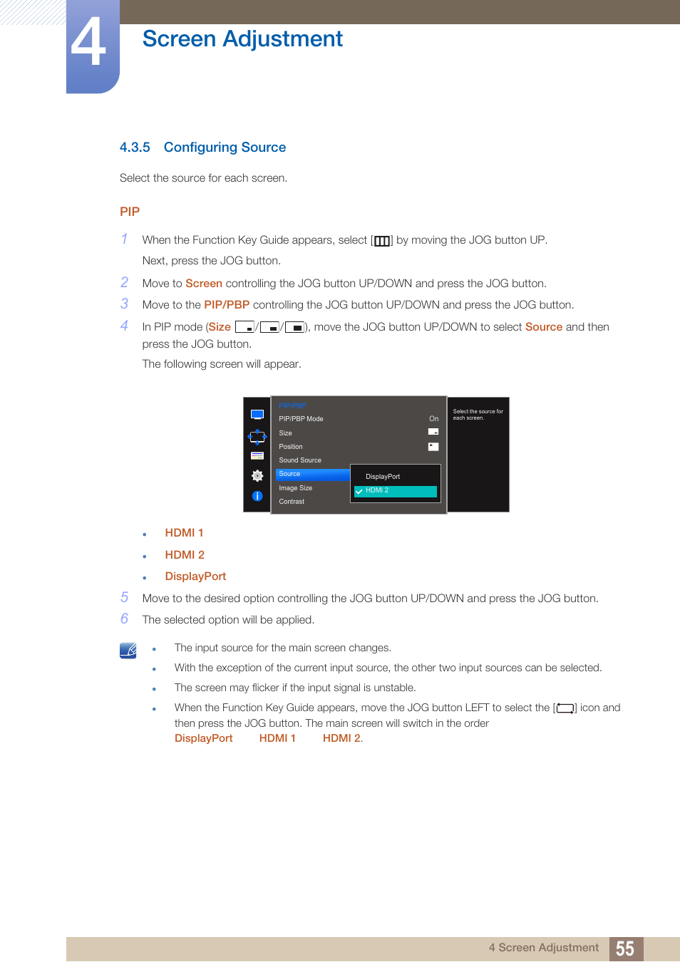 5 configuring source, Configuring source, Screen adjustment | Samsung LU28D590DS-ZA User Manual | Page 55 / 101