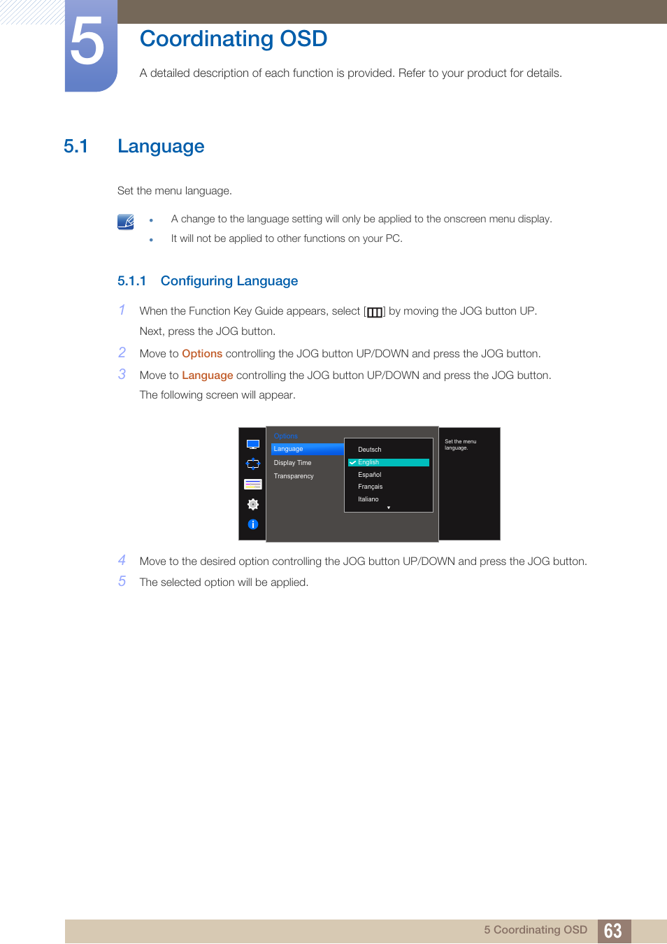 Coordinating osd, 1 language, 1 configuring language | Language, Configuring language | Samsung LU28D590DS-ZA User Manual | Page 63 / 101
