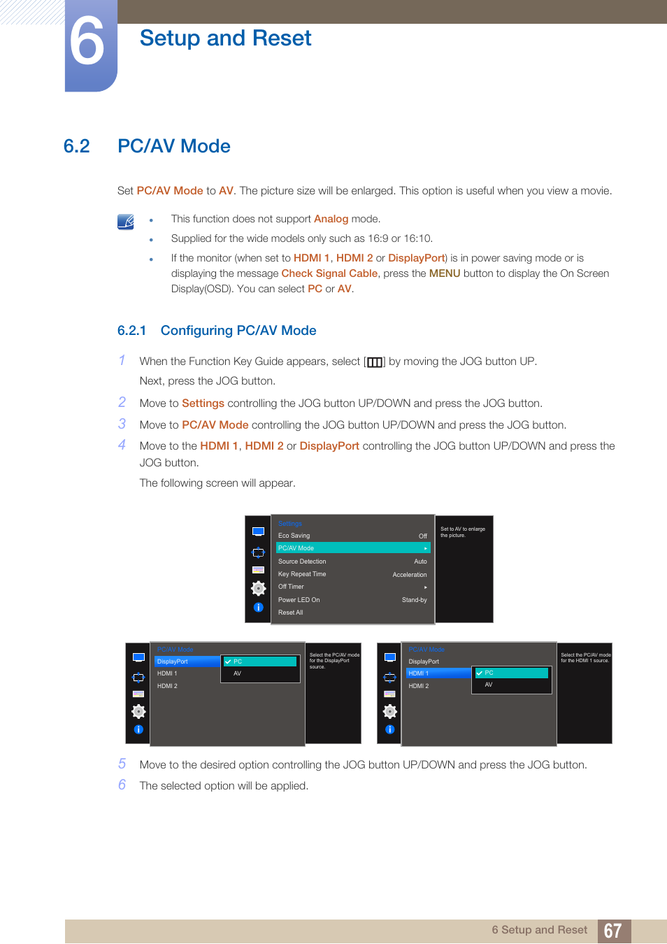 2 pc/av mode, 1 configuring pc/av mode, Pc/av mode | Configuring pc/av mode, Setup and reset | Samsung LU28D590DS-ZA User Manual | Page 67 / 101