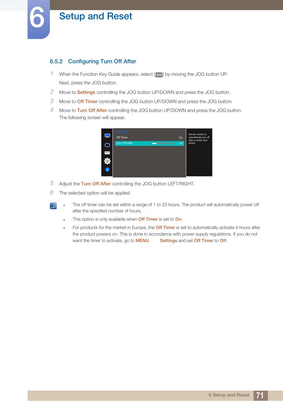 2 configuring turn off after, Configuring turn off after, Setup and reset | Samsung LU28D590DS-ZA User Manual | Page 71 / 101