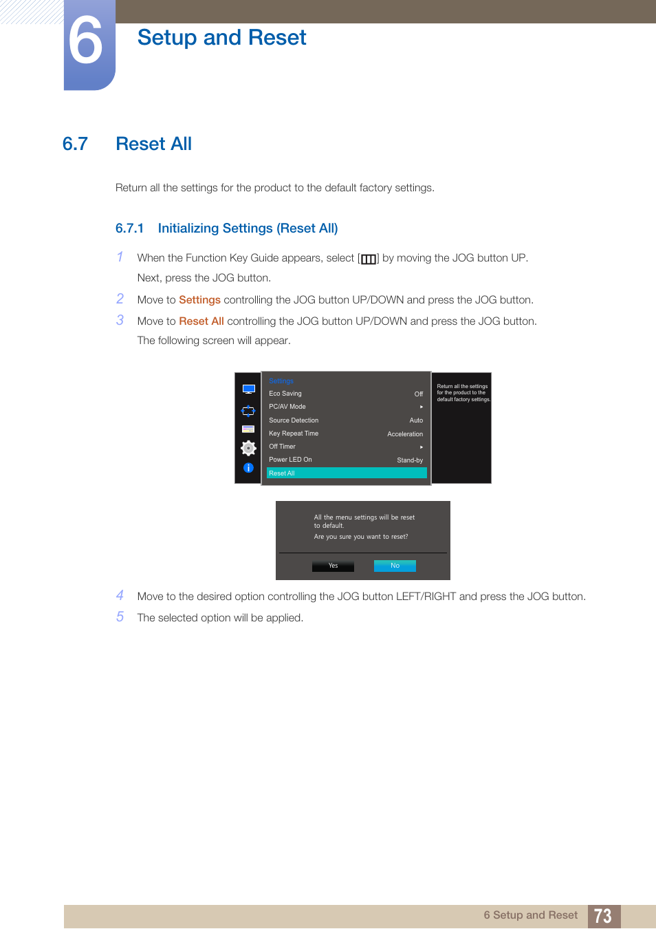 7 reset all, 1 initializing settings (reset all), Reset all | Initializing settings (reset all), Setup and reset | Samsung LU28D590DS-ZA User Manual | Page 73 / 101