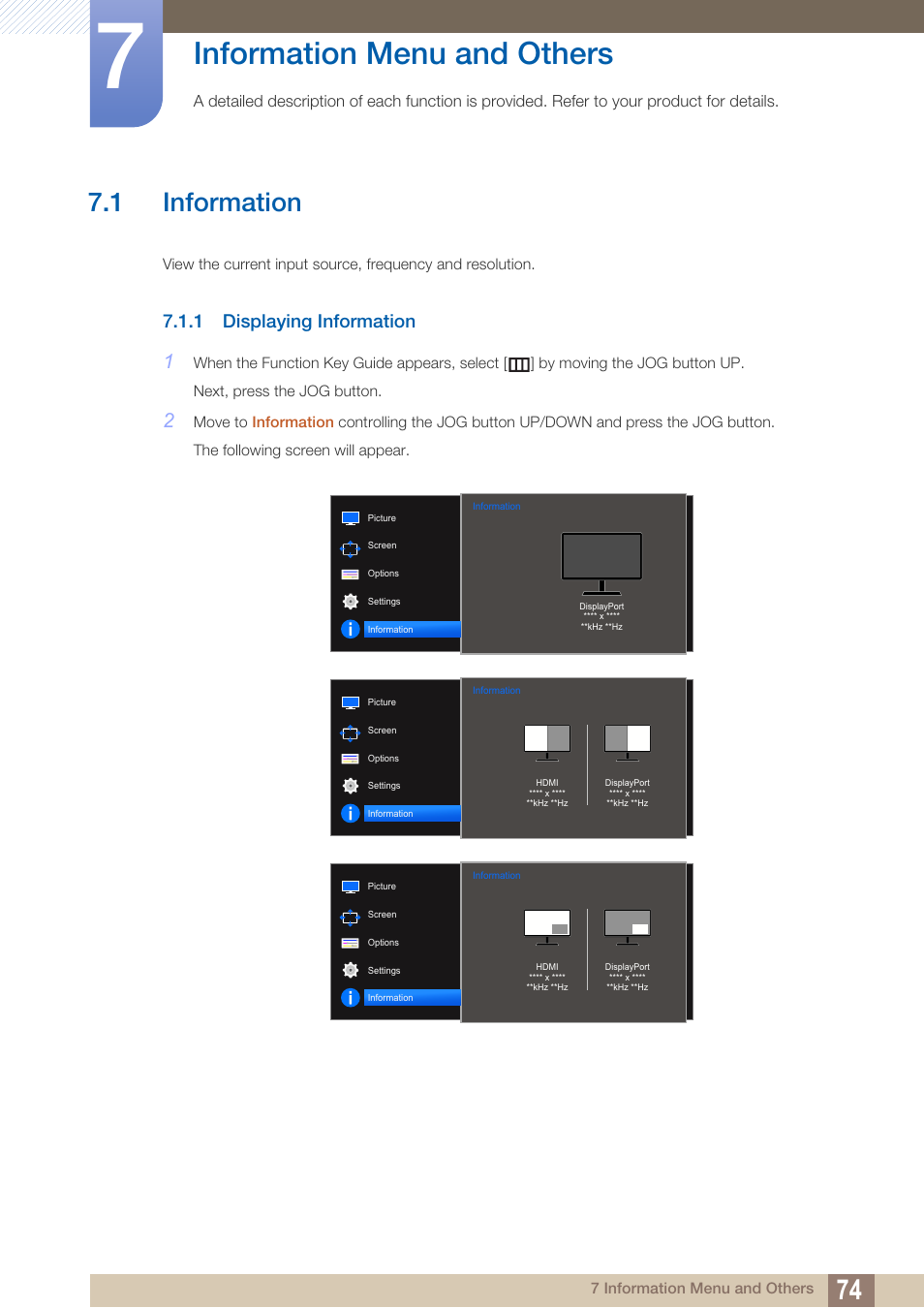 Information menu and others, 1 information, 1 displaying information | Information menu and, Others, Information, Displaying information, Can be | Samsung LU28D590DS-ZA User Manual | Page 74 / 101