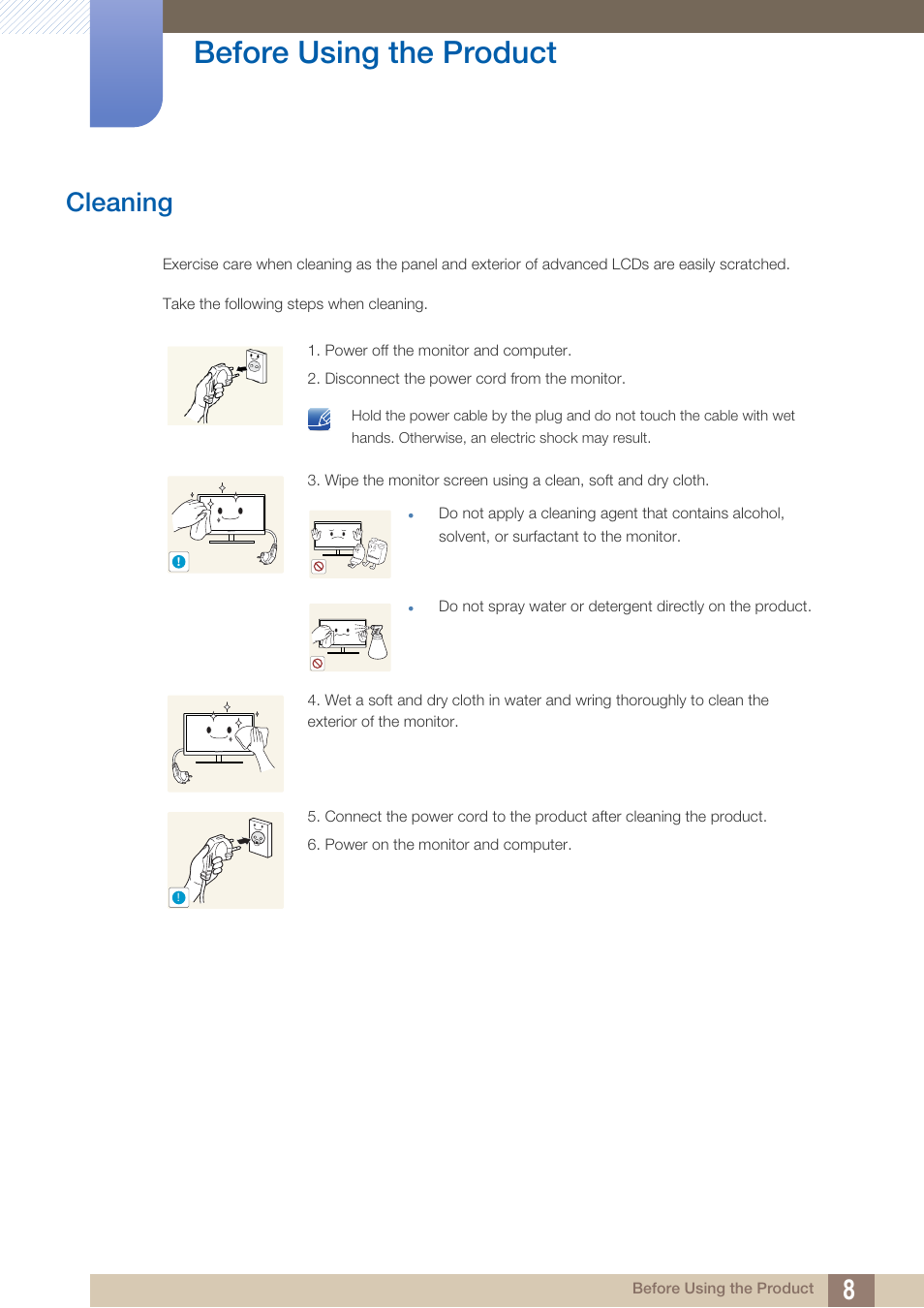 Cleaning, Before using the product | Samsung LU28D590DS-ZA User Manual | Page 8 / 101
