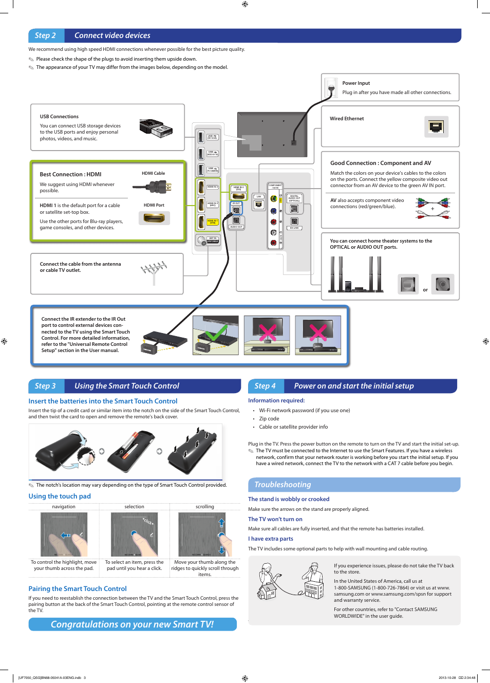 Step 2 connect video devices, Step 3 using the smart touch control, Step 4 power on and start the initial setup | Troubleshooting, Insert the batteries into the smart touch control, Using the touch pad, Pairing the smart touch control | Samsung UN60F7050AFXZA User Manual | Page 2 / 2