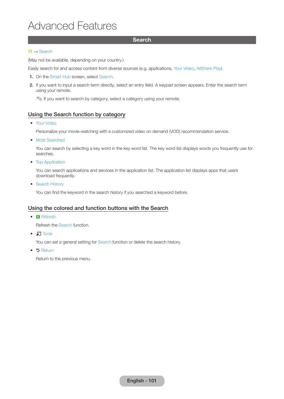 Search, Advanced features | Samsung LT27B750NDX-ZA User Manual | Page 101 / 156