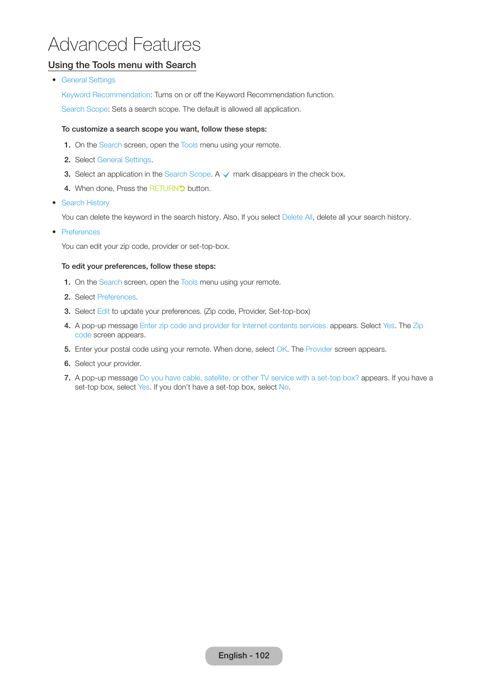 Advanced features, Using the tools menu with search | Samsung LT27B750NDX-ZA User Manual | Page 102 / 156