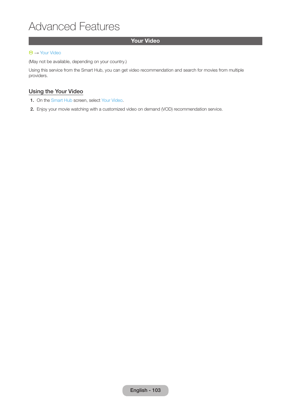 Your video, Advanced features | Samsung LT27B750NDX-ZA User Manual | Page 103 / 156