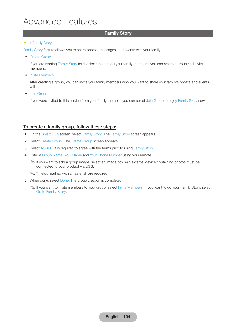 Family story, Advanced features | Samsung LT27B750NDX-ZA User Manual | Page 104 / 156