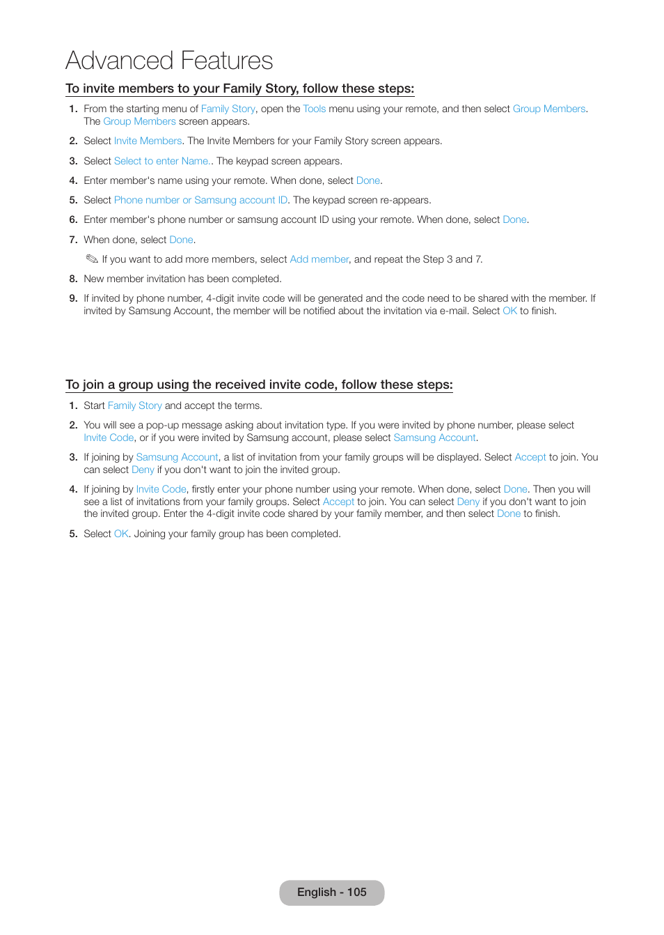 Advanced features | Samsung LT27B750NDX-ZA User Manual | Page 105 / 156