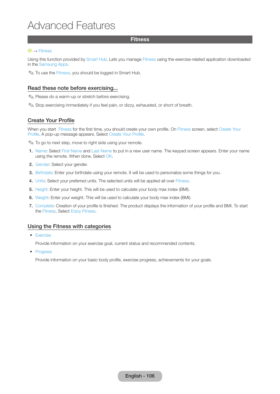 Fitness, Advanced features | Samsung LT27B750NDX-ZA User Manual | Page 106 / 156