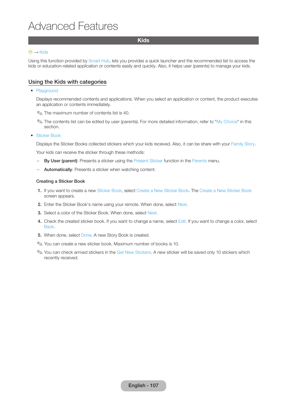 Kids, Advanced features | Samsung LT27B750NDX-ZA User Manual | Page 107 / 156