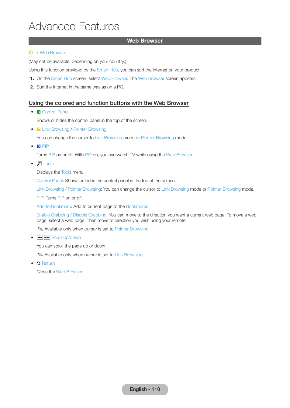 Web browser, Advanced features | Samsung LT27B750NDX-ZA User Manual | Page 110 / 156