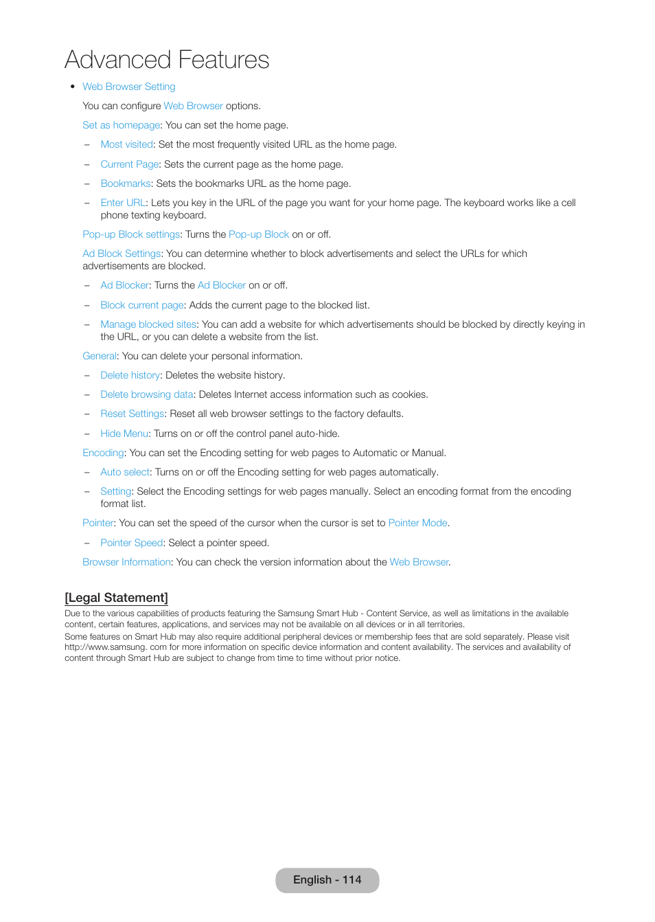 Advanced features, Legal statement | Samsung LT27B750NDX-ZA User Manual | Page 114 / 156