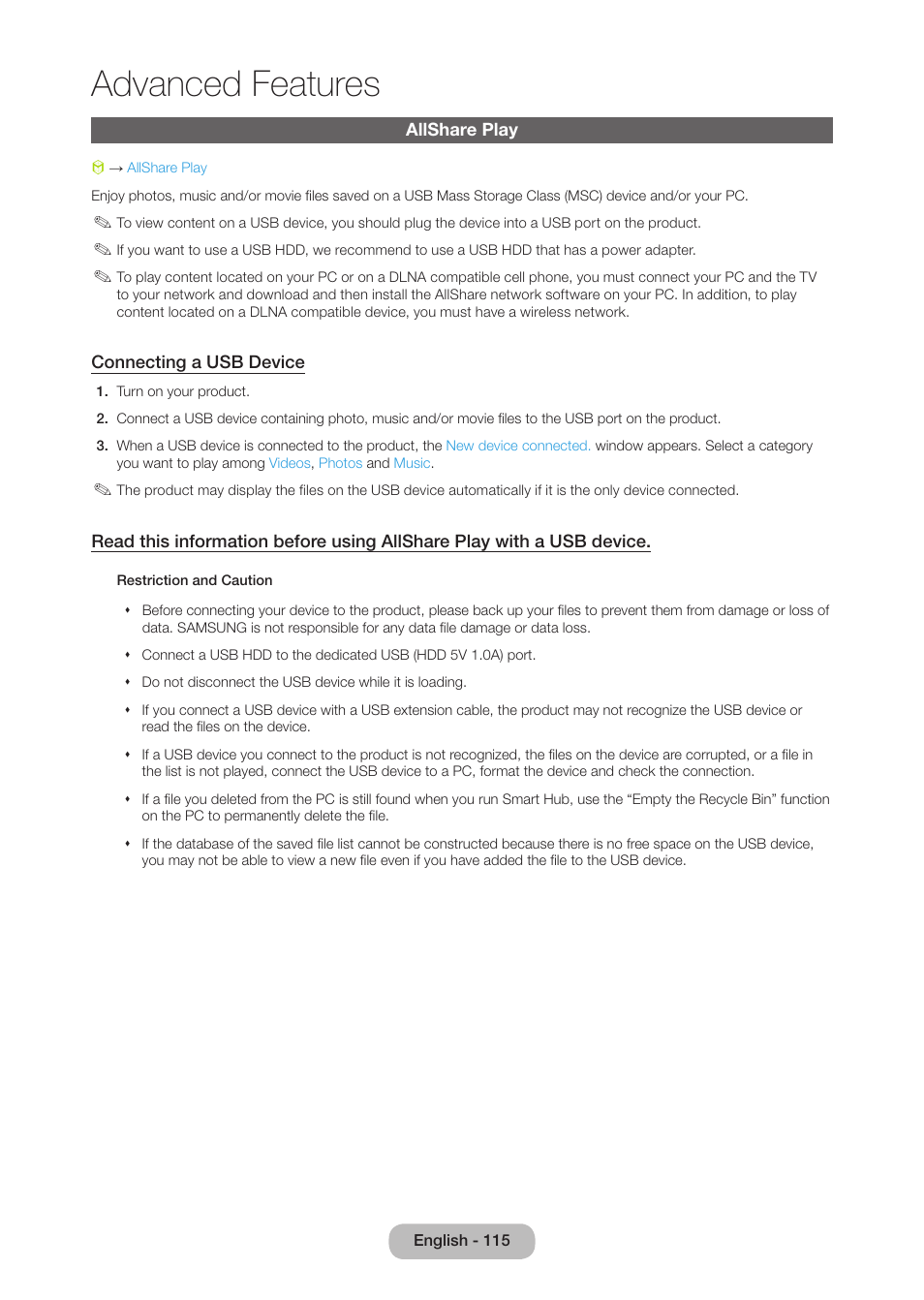 Allshare play, Advanced features | Samsung LT27B750NDX-ZA User Manual | Page 115 / 156