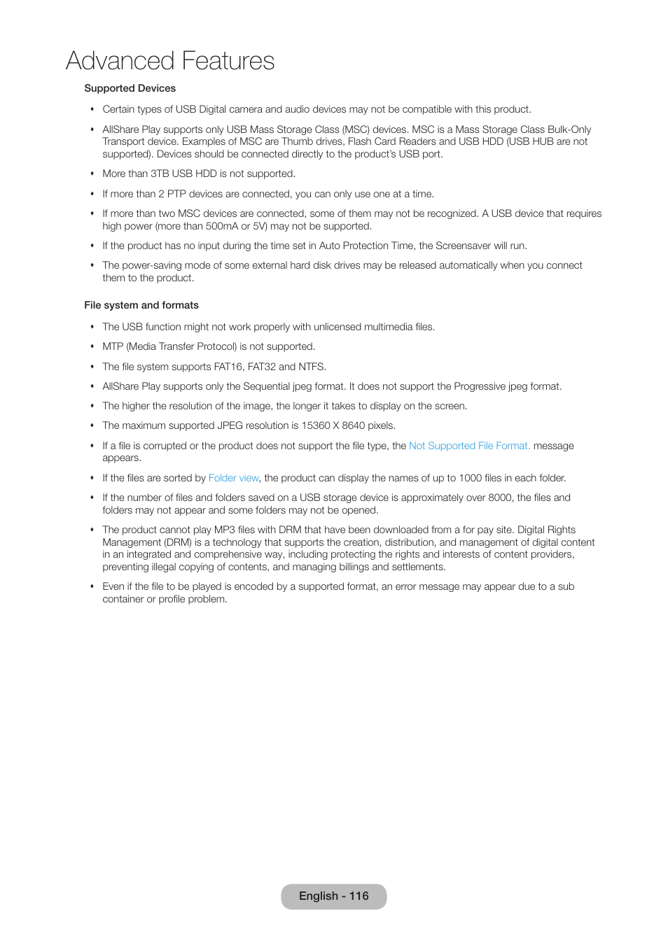 Advanced features | Samsung LT27B750NDX-ZA User Manual | Page 116 / 156