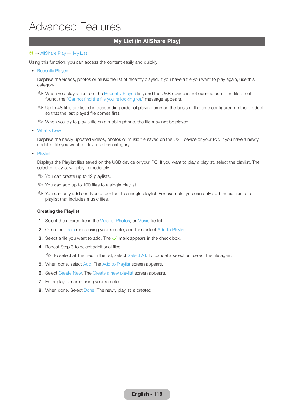 My list (in allshare play), Advanced features | Samsung LT27B750NDX-ZA User Manual | Page 118 / 156