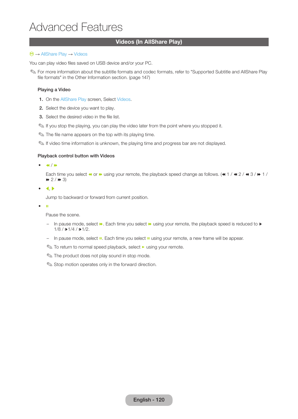 Videos (in allshare play), Advanced features | Samsung LT27B750NDX-ZA User Manual | Page 120 / 156