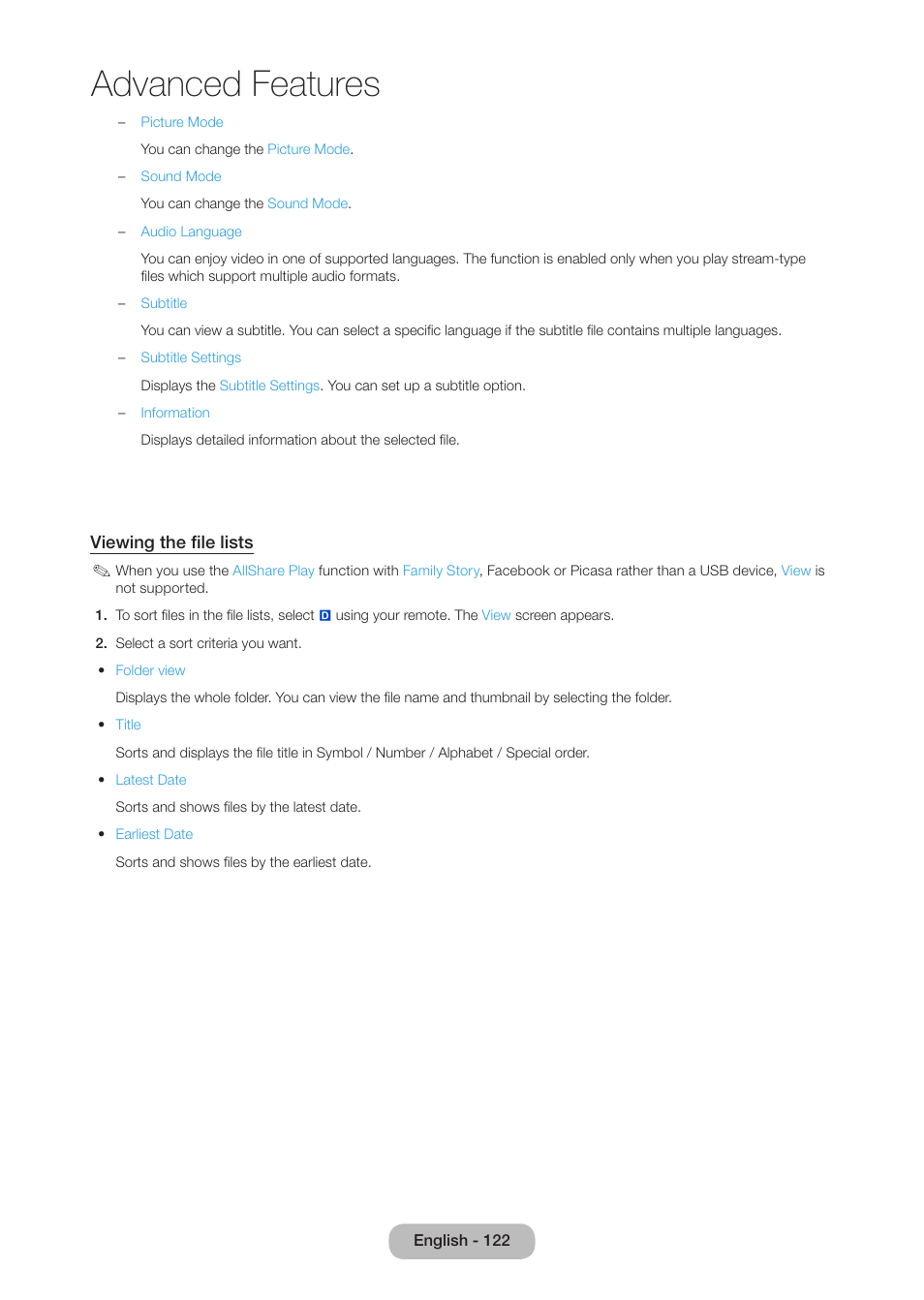 Advanced features | Samsung LT27B750NDX-ZA User Manual | Page 122 / 156