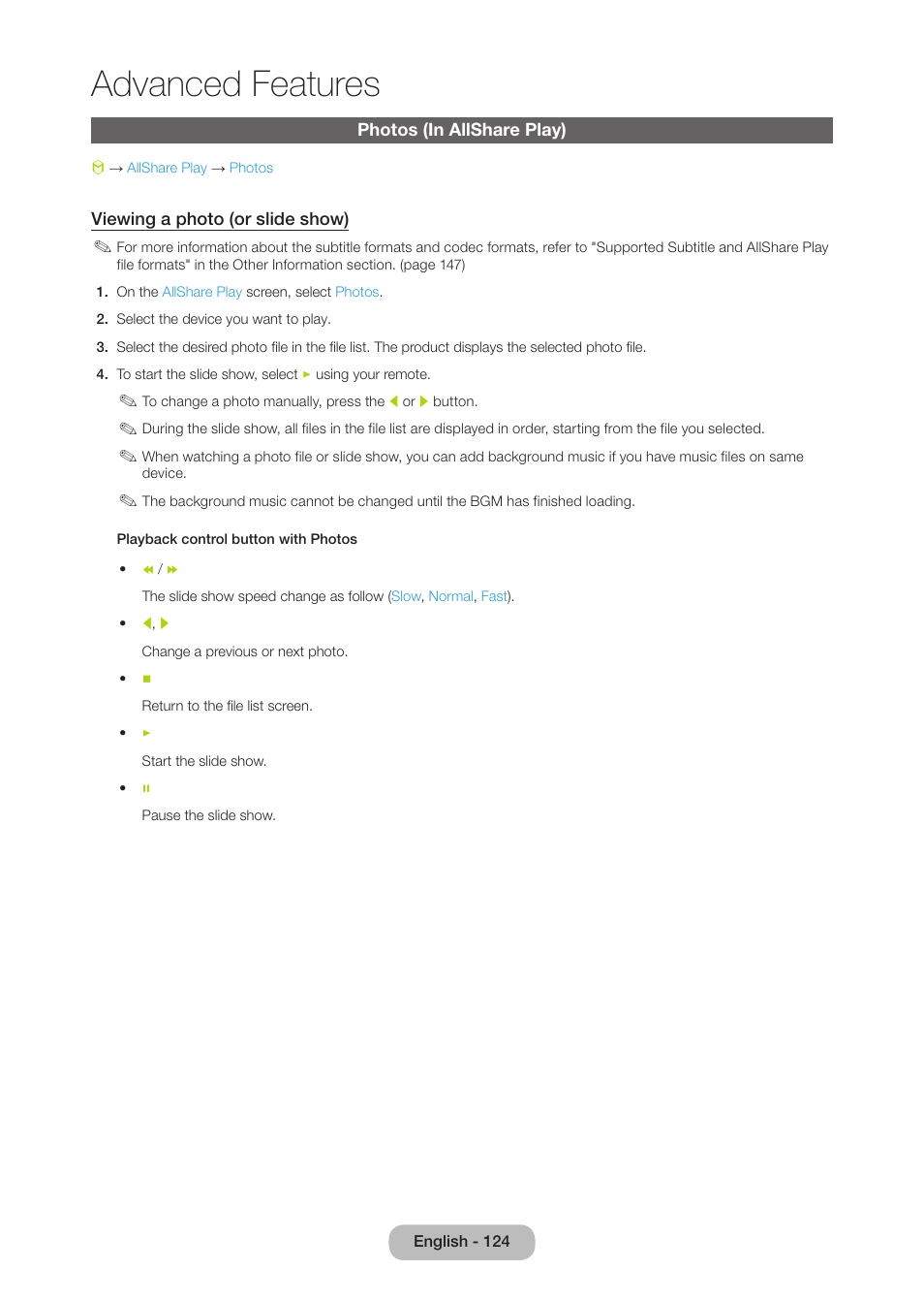 Photos (in allshare play), Advanced features | Samsung LT27B750NDX-ZA User Manual | Page 124 / 156