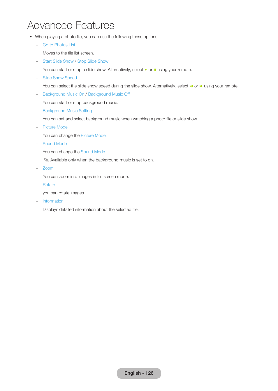 Advanced features | Samsung LT27B750NDX-ZA User Manual | Page 126 / 156