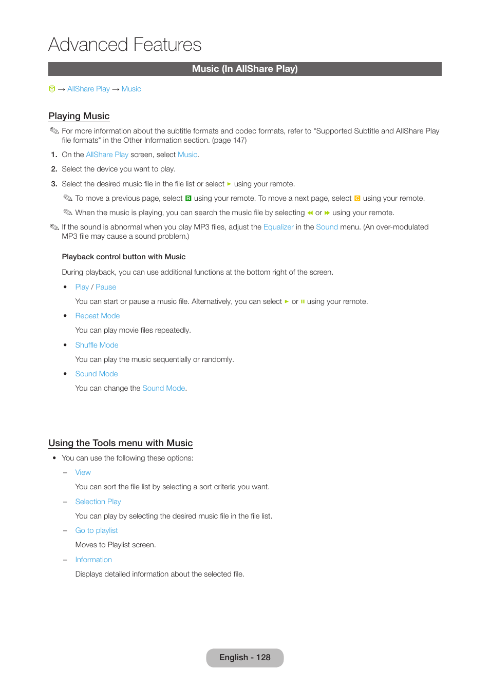 Music (in allshare play), Advanced features | Samsung LT27B750NDX-ZA User Manual | Page 128 / 156