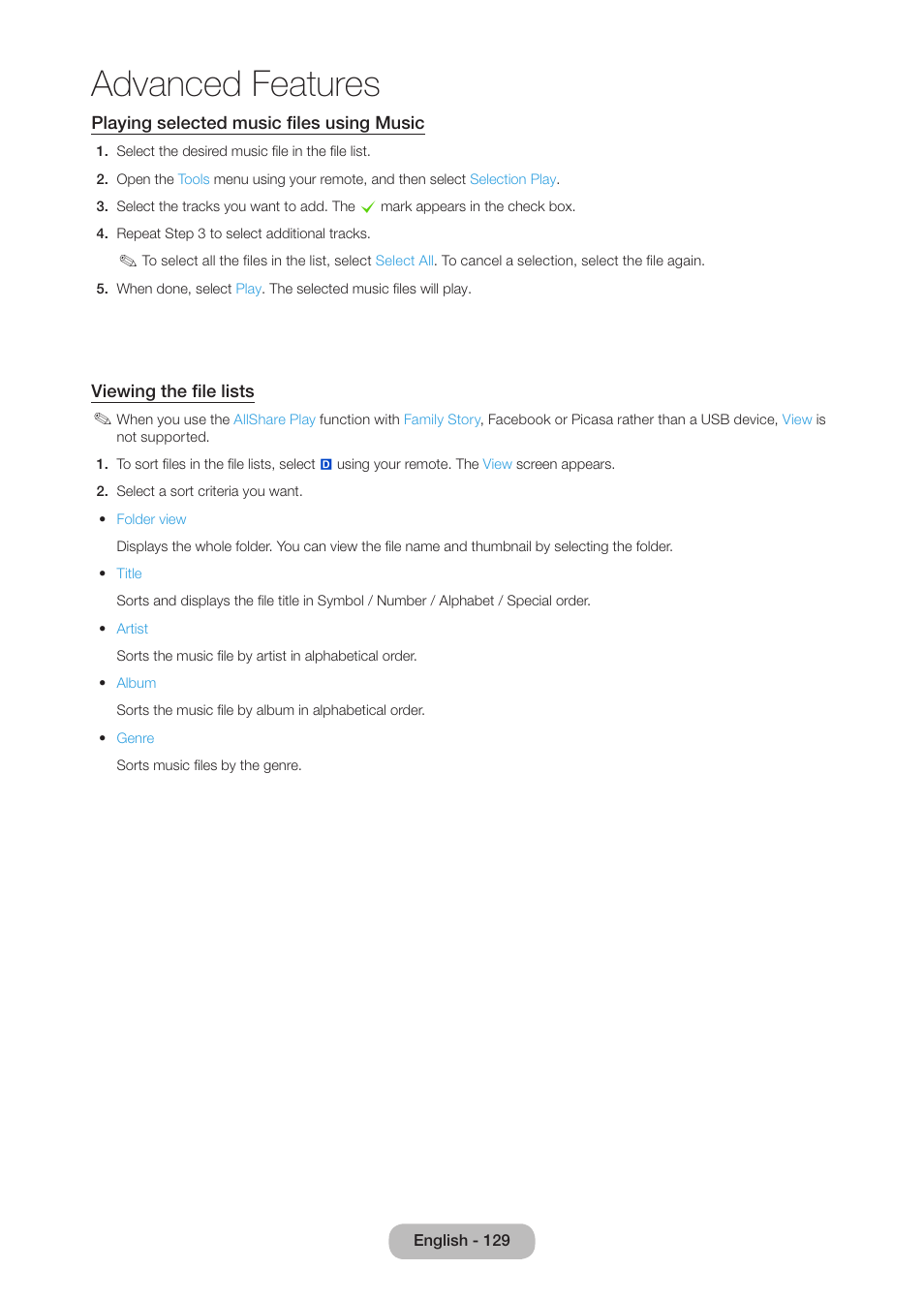 Advanced features | Samsung LT27B750NDX-ZA User Manual | Page 129 / 156