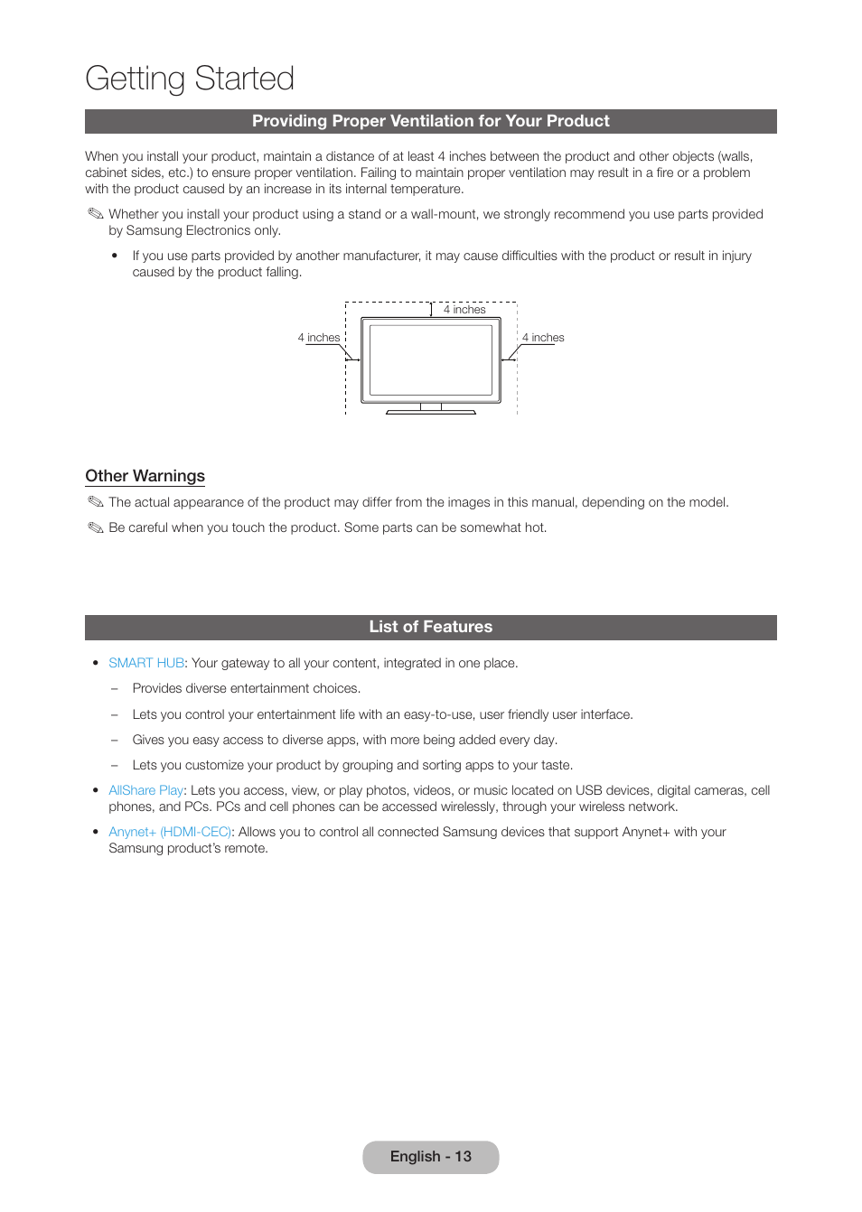 Providing proper ventilation for your product, List of features, Getting started | Samsung LT27B750NDX-ZA User Manual | Page 13 / 156