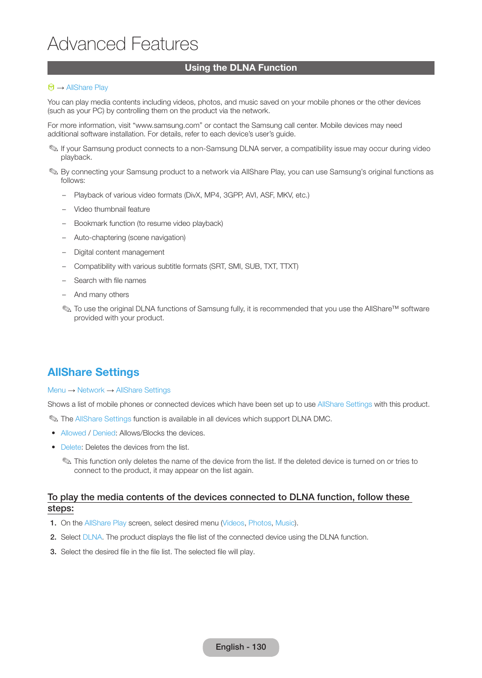 Using the dlna function, Advanced features, Allshare settings | Samsung LT27B750NDX-ZA User Manual | Page 130 / 156
