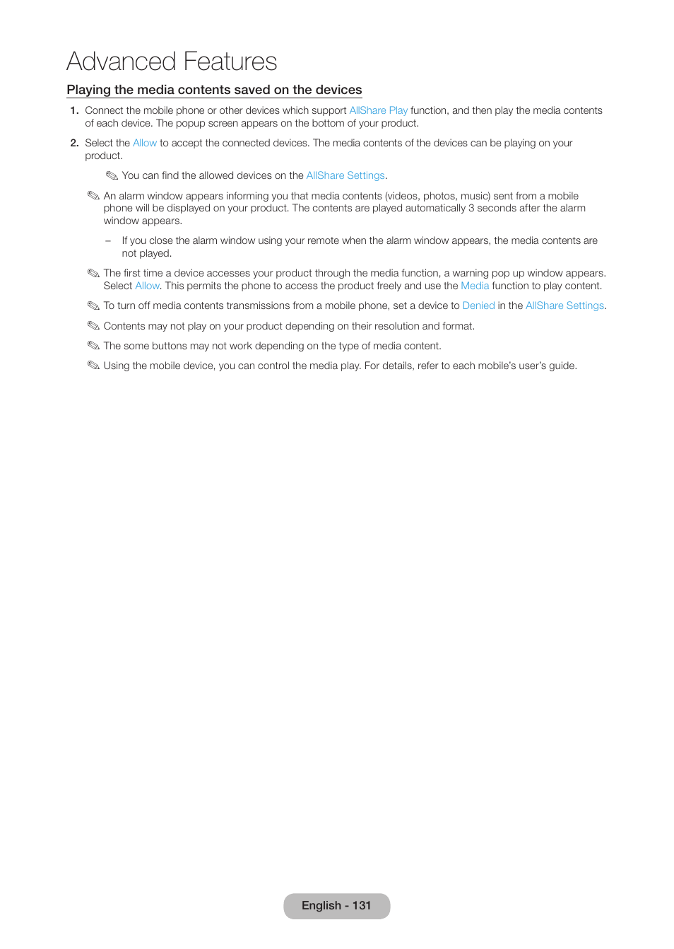 Advanced features | Samsung LT27B750NDX-ZA User Manual | Page 131 / 156