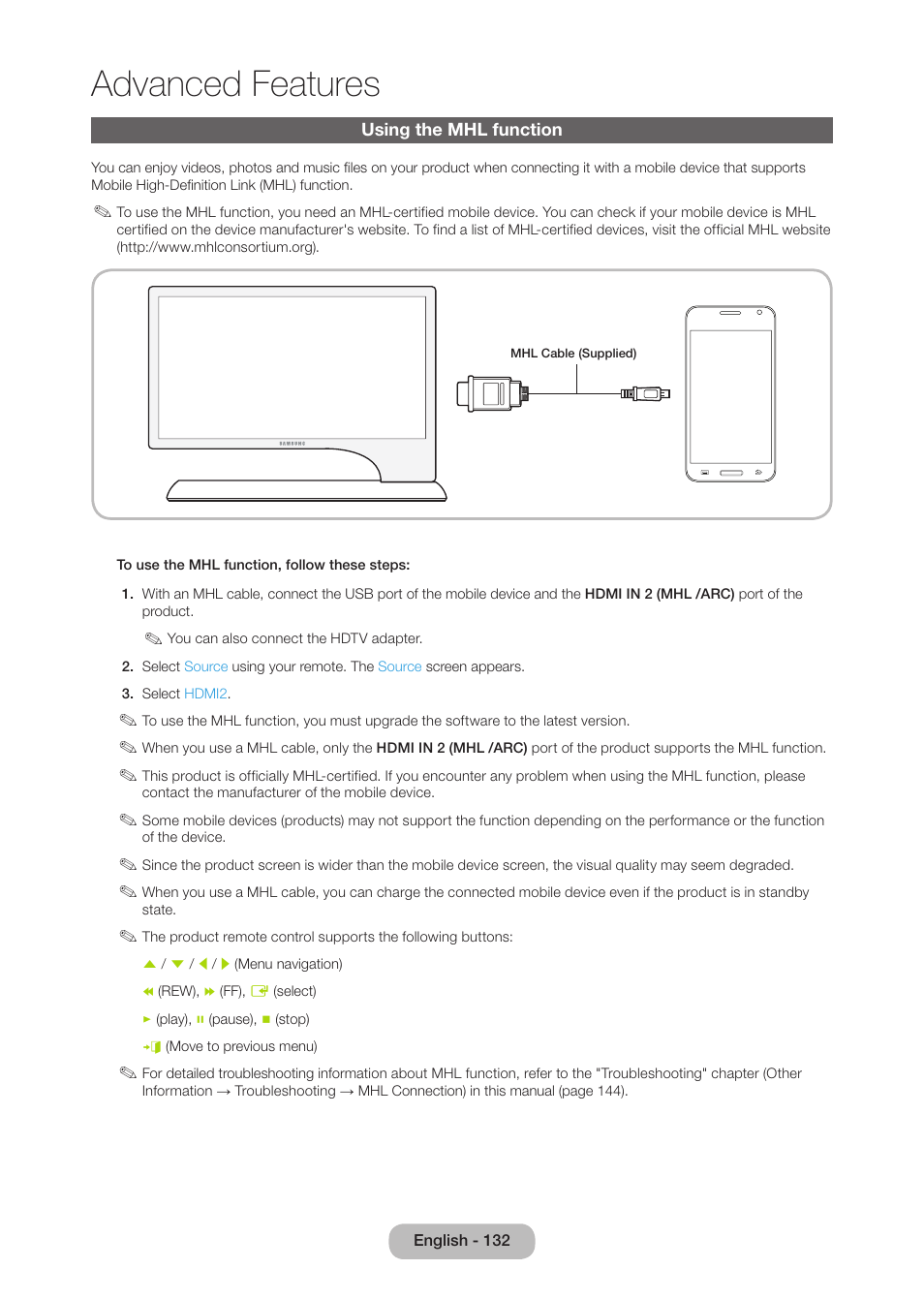 Using the mhl function, Advanced features | Samsung LT27B750NDX-ZA User Manual | Page 132 / 156