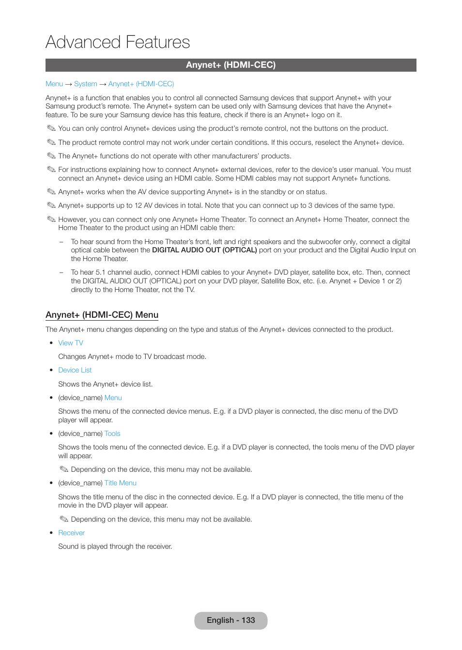 Anynet+ (hdmi-cec), Advanced features | Samsung LT27B750NDX-ZA User Manual | Page 133 / 156