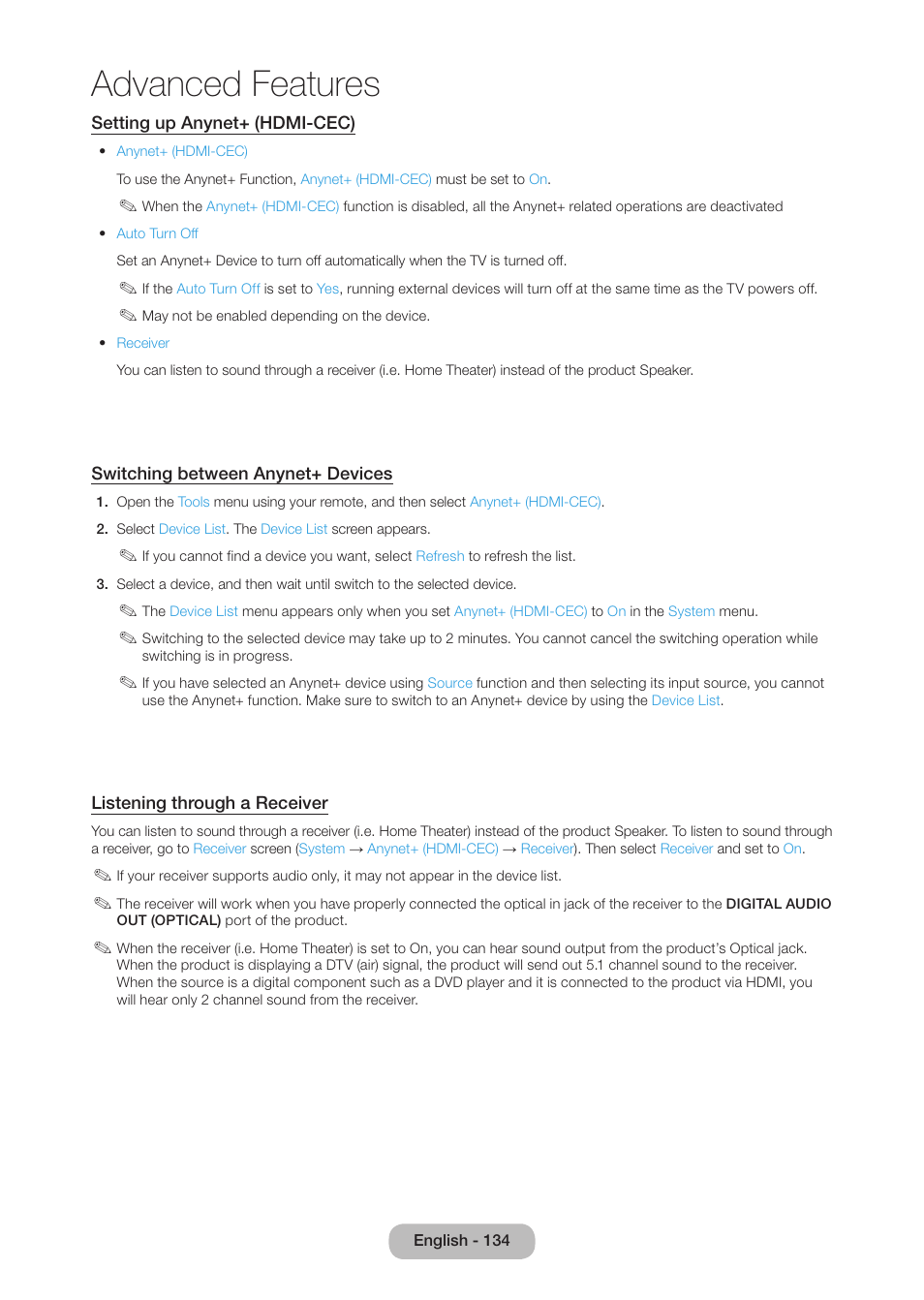 Advanced features | Samsung LT27B750NDX-ZA User Manual | Page 134 / 156