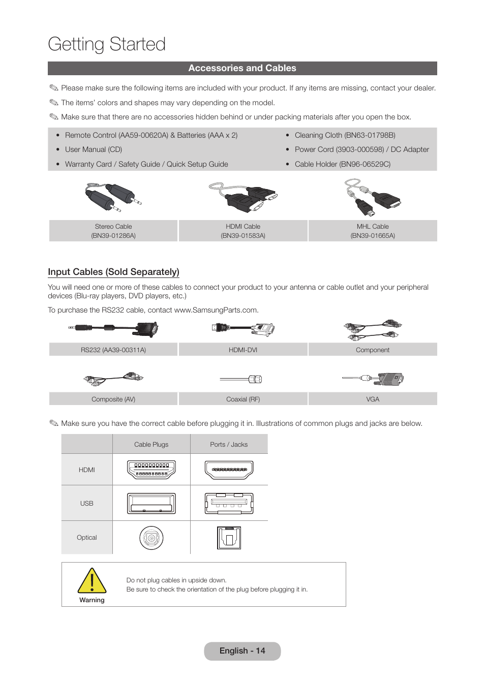 Accessories and cables, Getting started | Samsung LT27B750NDX-ZA User Manual | Page 14 / 156