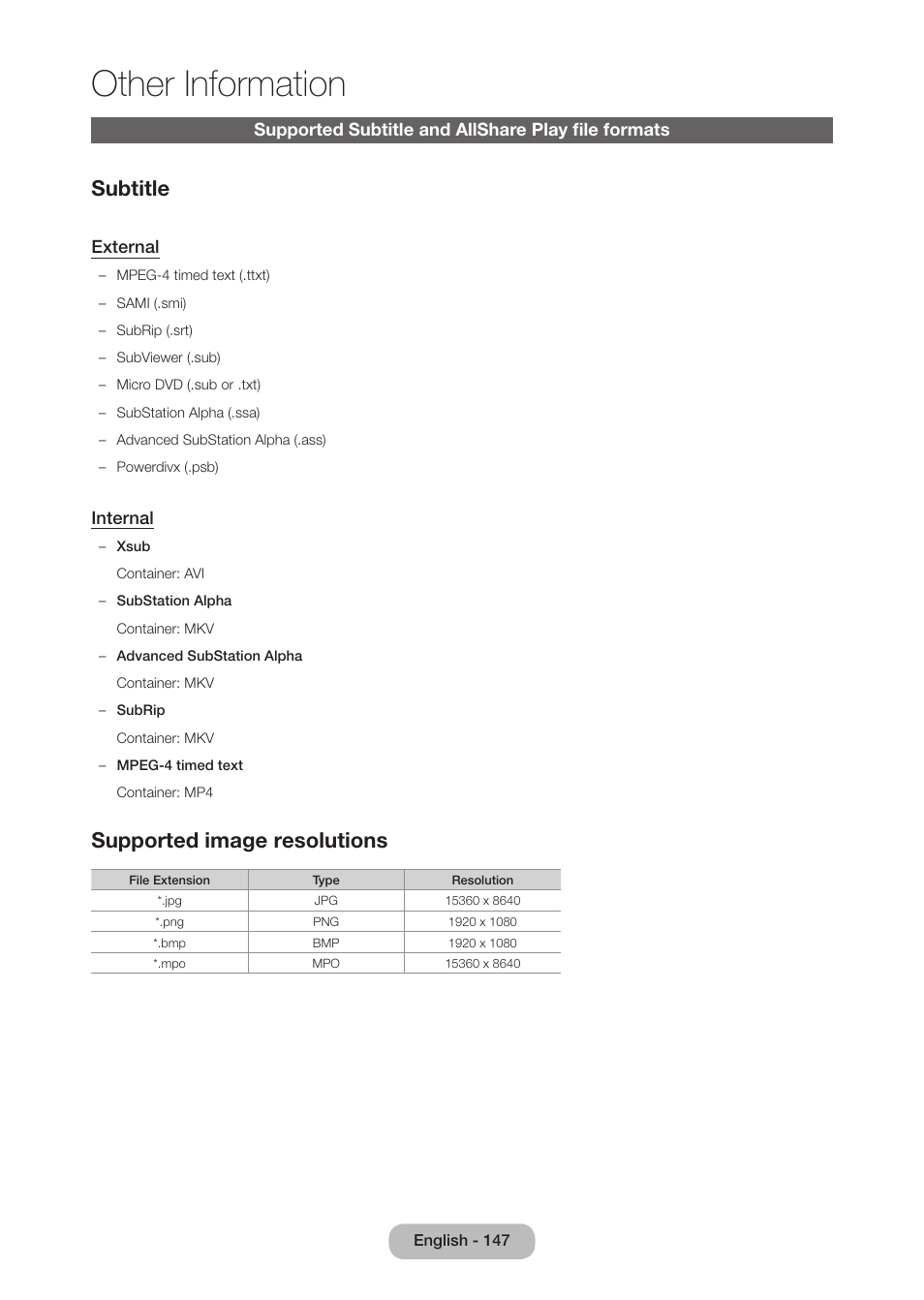 Supported subtitle and allshare play file formats, Other information, Subtitle | Supported image resolutions, External, Internal | Samsung LT27B750NDX-ZA User Manual | Page 147 / 156