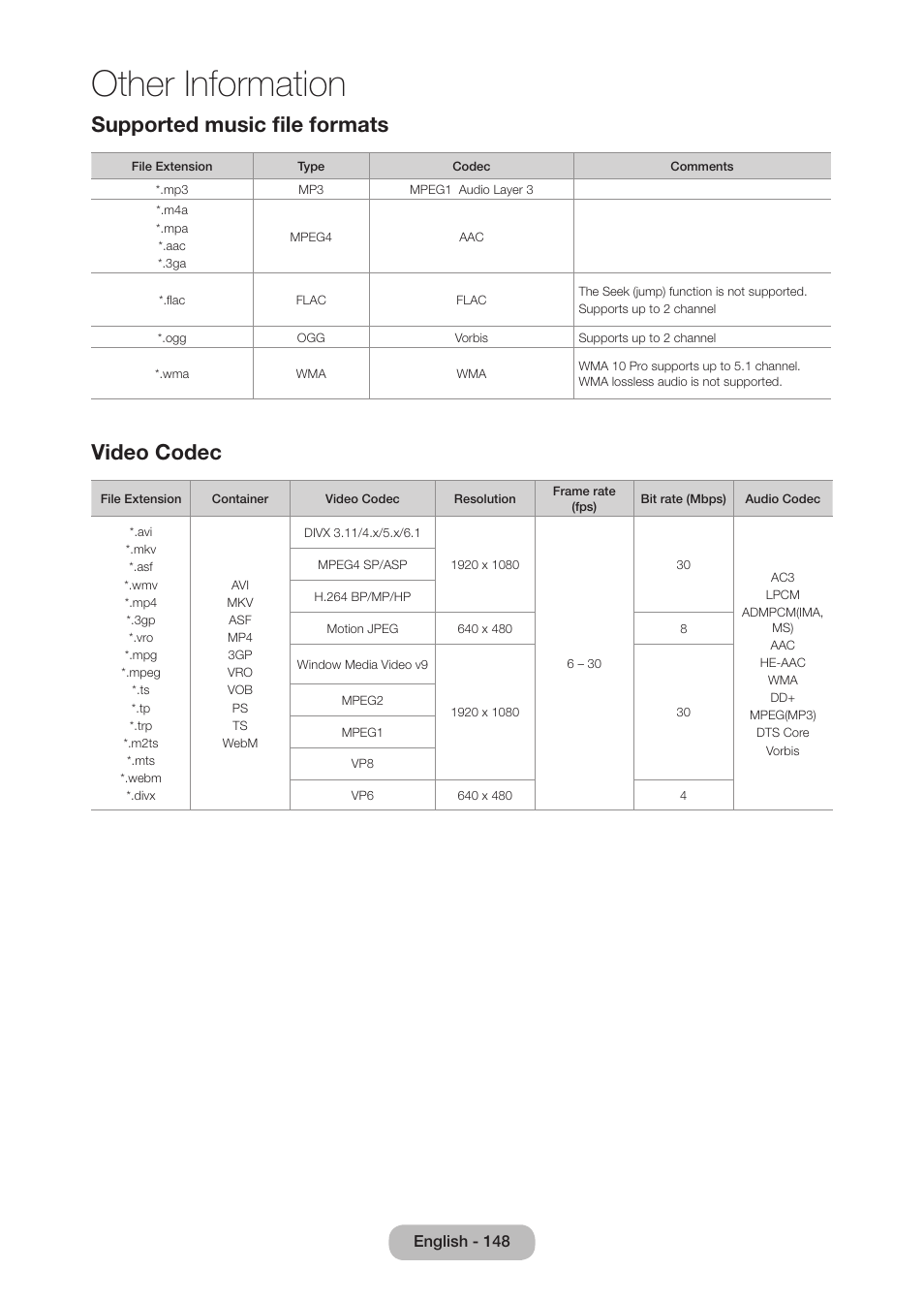 Other information, Supported music file formats, Video codec | Samsung LT27B750NDX-ZA User Manual | Page 148 / 156