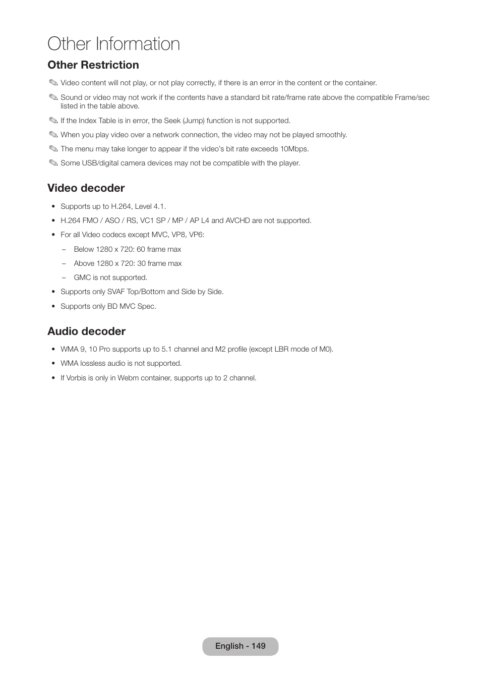 Other information, Other restriction, Video decoder | Audio decoder | Samsung LT27B750NDX-ZA User Manual | Page 149 / 156