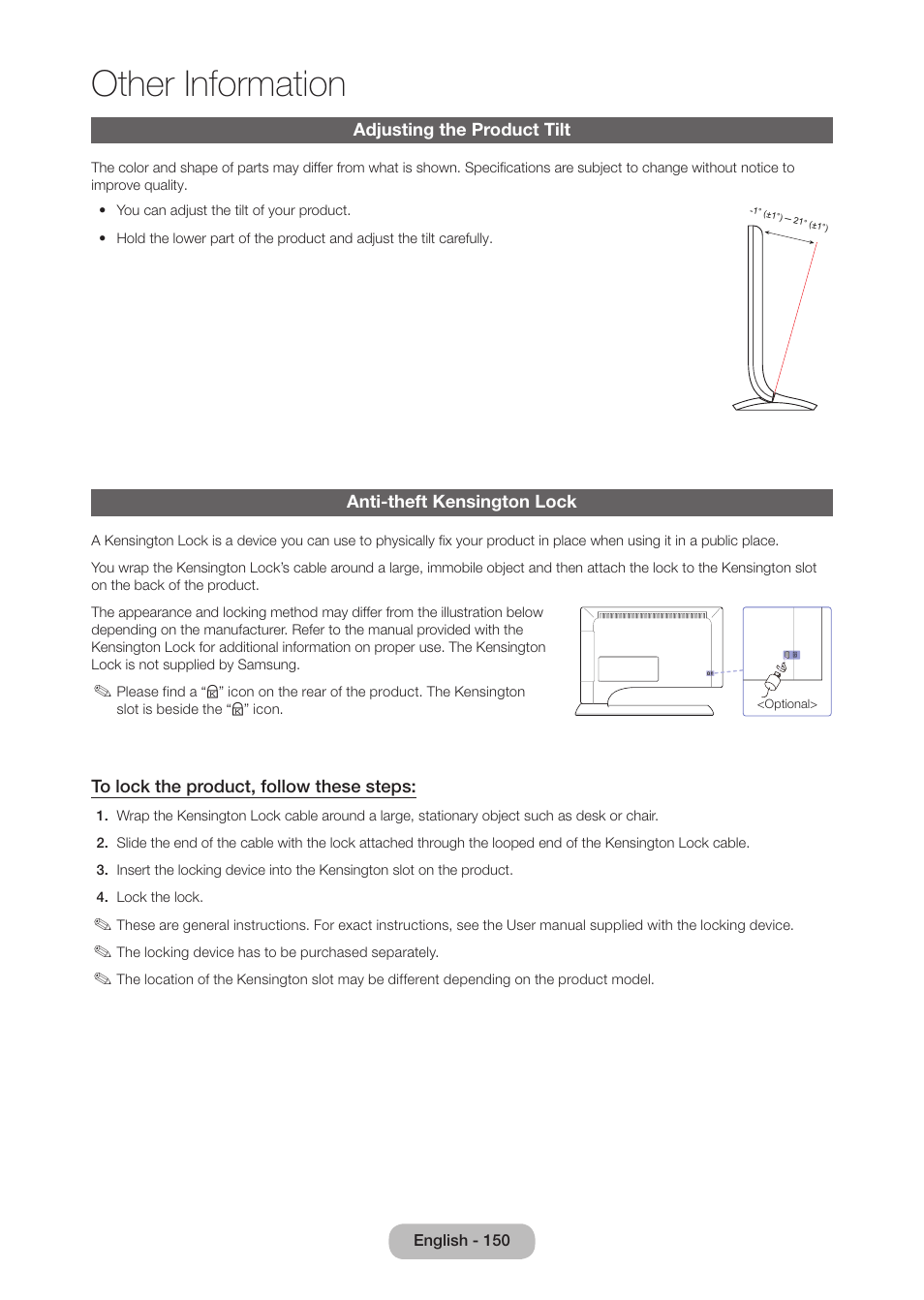 Adjusting the product tilt, Anti-theft kensington lock, Other information | Samsung LT27B750NDX-ZA User Manual | Page 150 / 156