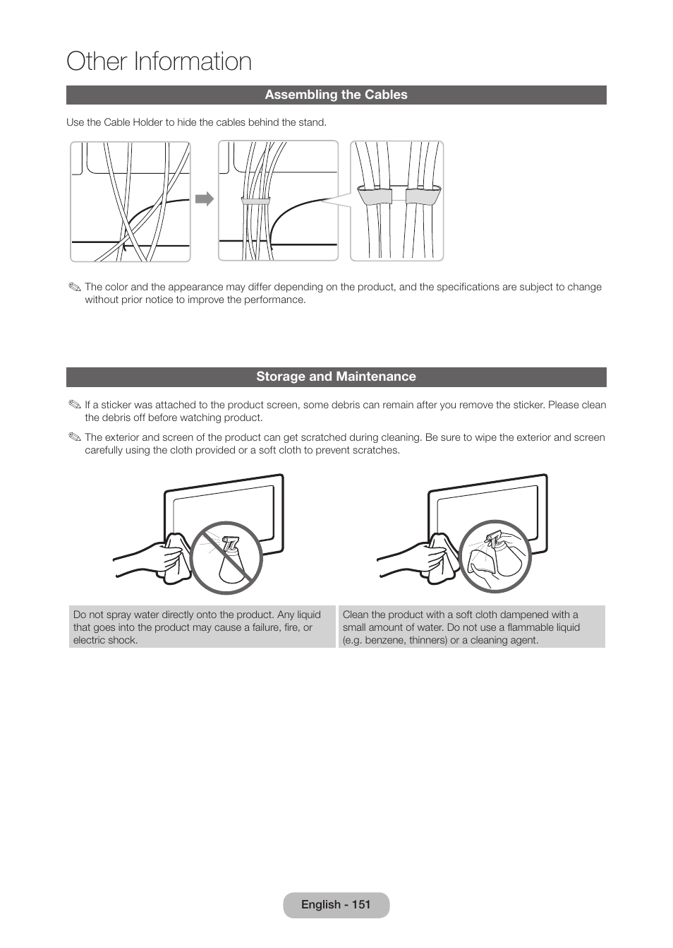 Assembling the cables, Storage and maintenance, Other information | Samsung LT27B750NDX-ZA User Manual | Page 151 / 156