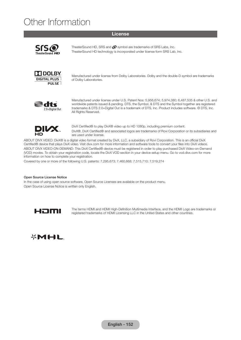 License, Other information | Samsung LT27B750NDX-ZA User Manual | Page 152 / 156