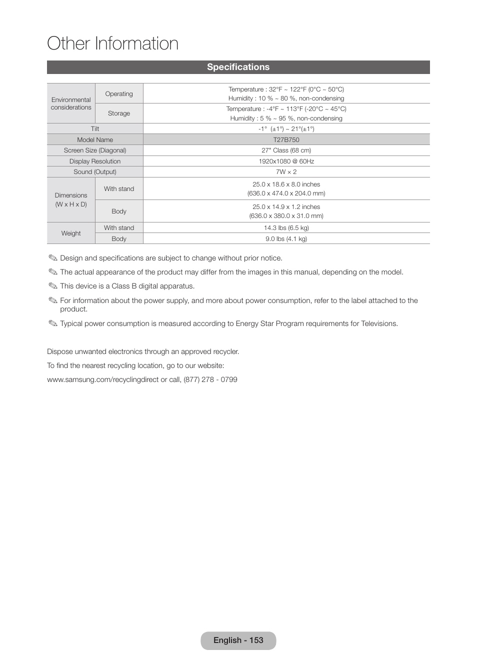 Specifications, Other information | Samsung LT27B750NDX-ZA User Manual | Page 153 / 156