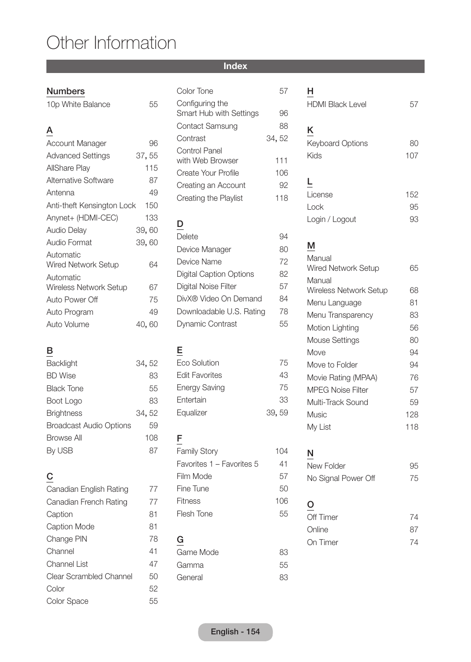 Index, Other information | Samsung LT27B750NDX-ZA User Manual | Page 154 / 156