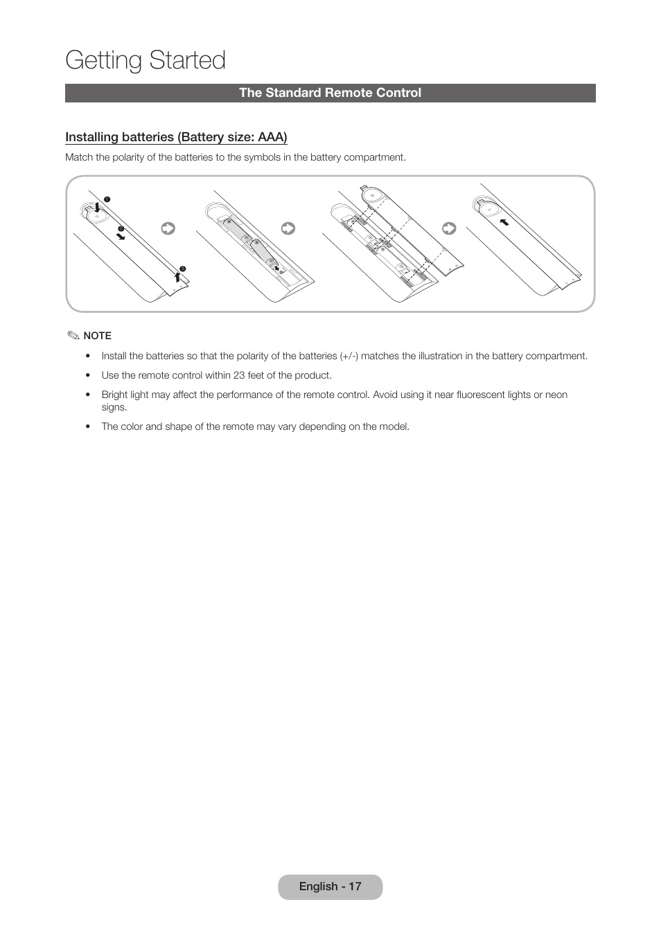 The standard remote control, Getting started | Samsung LT27B750NDX-ZA User Manual | Page 17 / 156