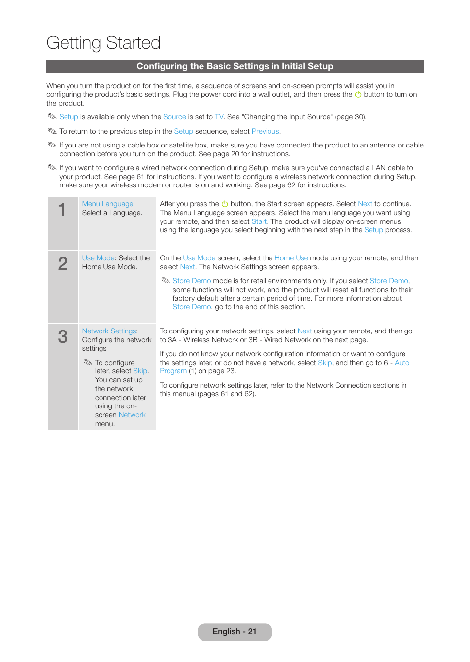 Configuring the basic settings in initial setup, Getting started | Samsung LT27B750NDX-ZA User Manual | Page 21 / 156