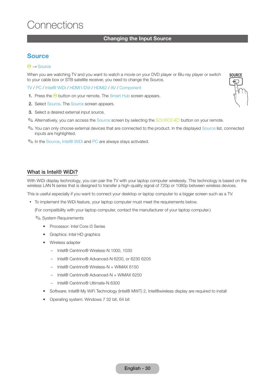 Changing the input source, E 30, Connections | Source | Samsung LT27B750NDX-ZA User Manual | Page 30 / 156