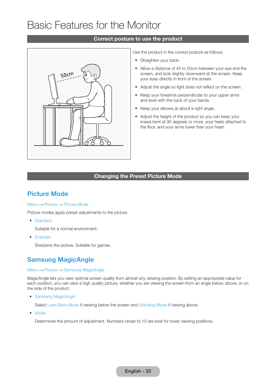 Basic features for the monitor, Correct posture to use the product, Changing the preset picture mode | Picture mode, Samsung magicangle | Samsung LT27B750NDX-ZA User Manual | Page 33 / 156